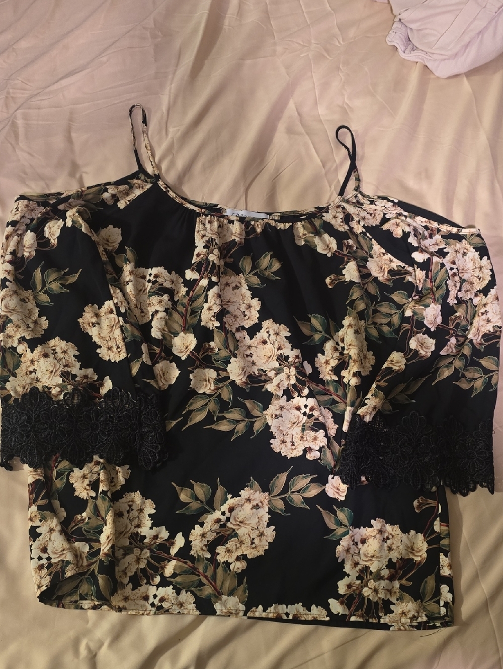 Floral Off-Shoulder Blouse with Lace Trim - Black/Floral